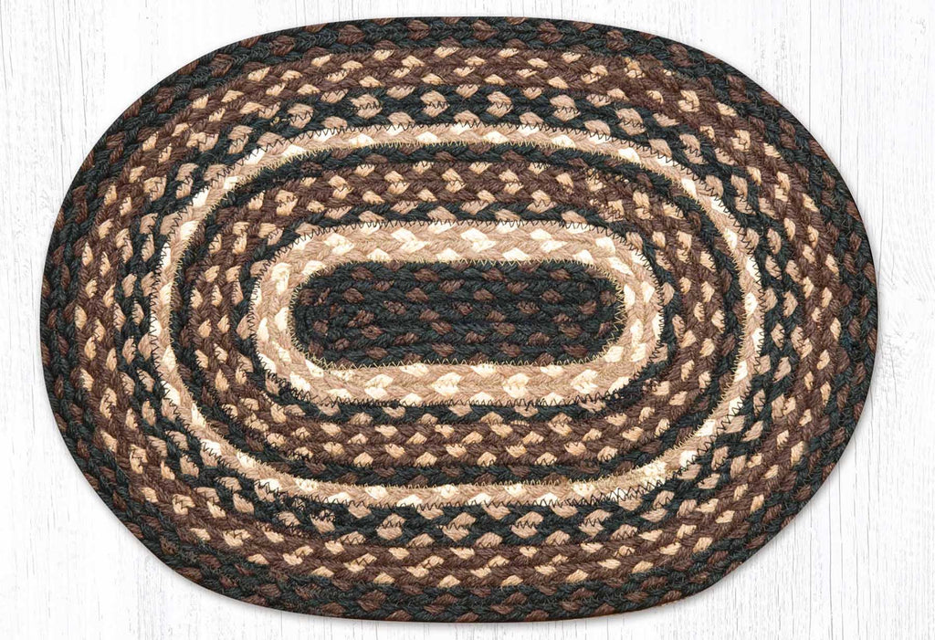 Oval placemat with black, brown, and tan colored braided jute. 