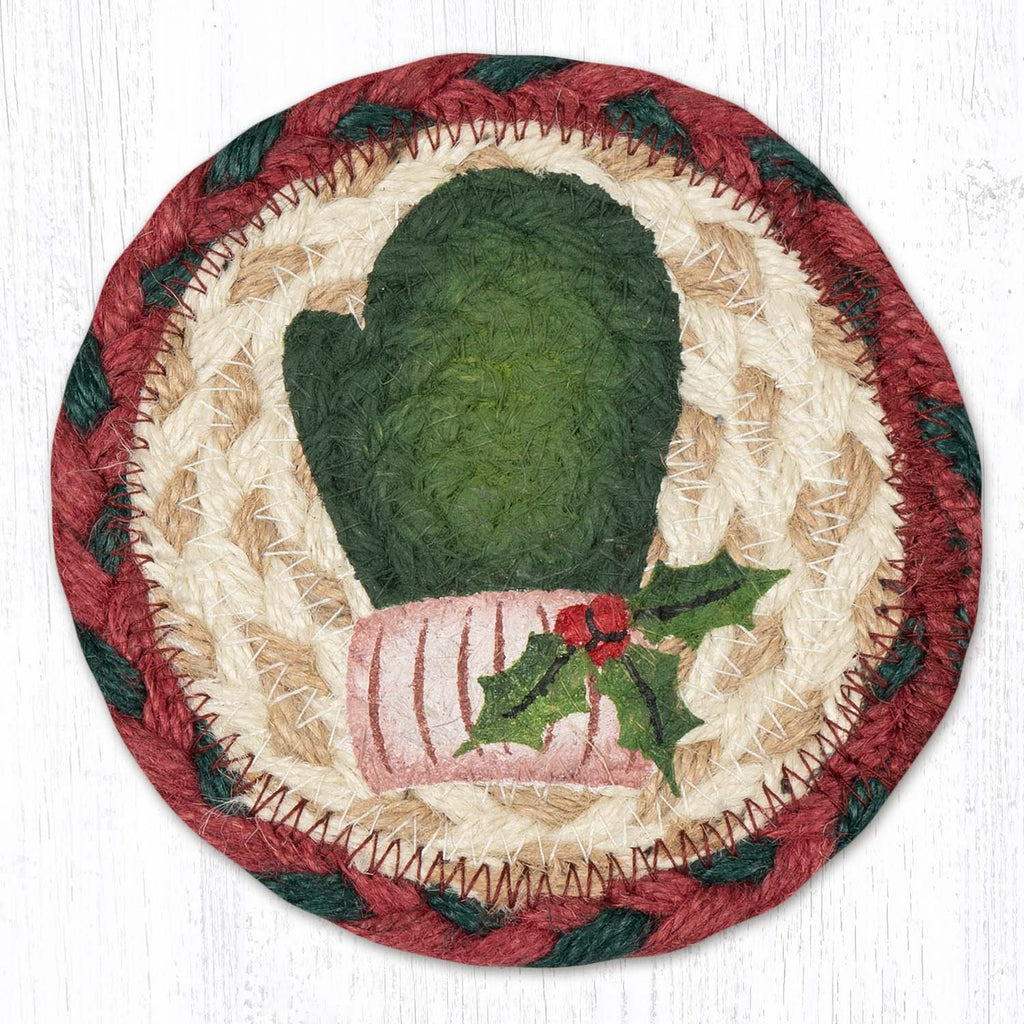 Coaster with green winter mitten design with mistletoe and red and green border.  