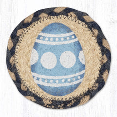 Coaster with blue Easter egg design on tan jute with blue border. 