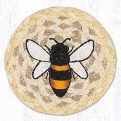 Coaster with bee design. Soft yellow and tan jute with black, yellow and white bee.