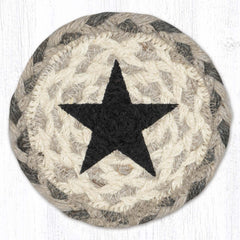 Coaster with black star design on grey and natural tan jute.