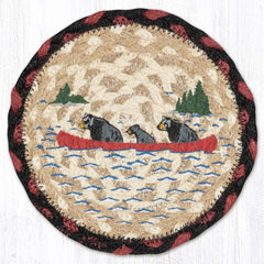 7" coaster or trivet with black bears in a red canoe on a lake