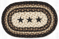 Jute placemat with three black stars in center with black, brown, and tan braided jute. 