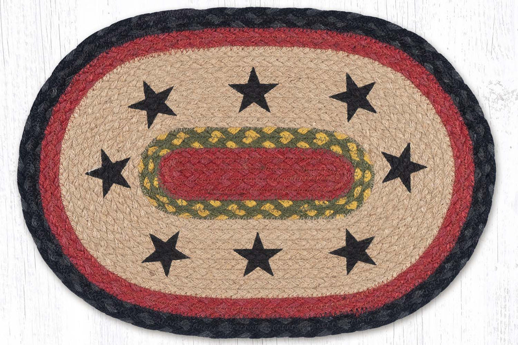 Placemat with black stars border and black and red braided jute. 