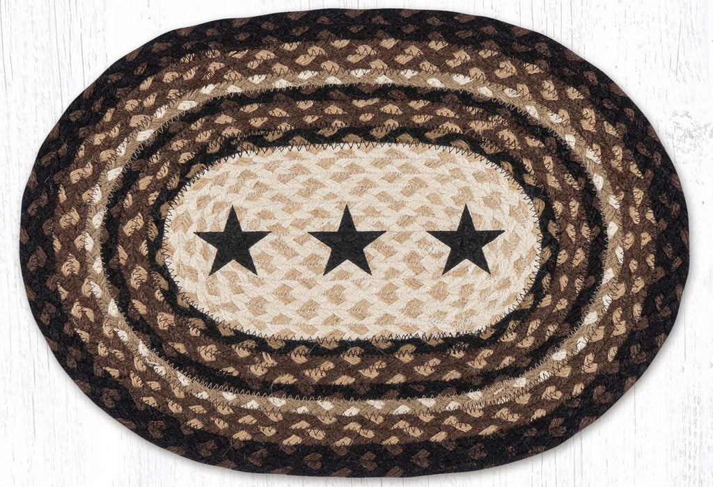 Brown, black ,and tan jute placemat with three black stars in center. 